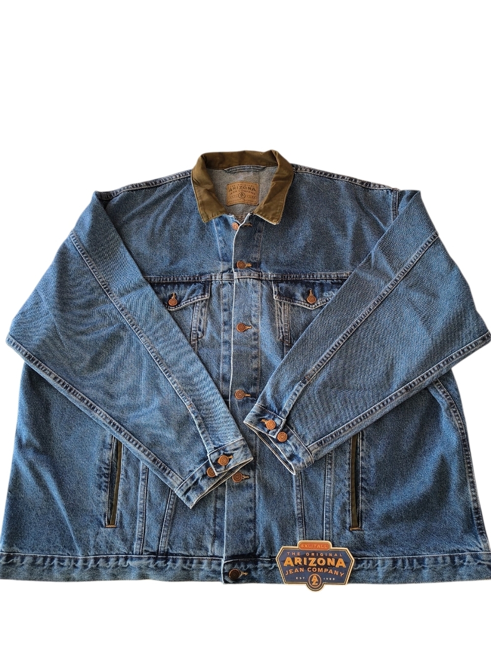 NWT Men's Arizona Jean Company Blue Denim Jacket with Brown Collar Size 4XL Tall